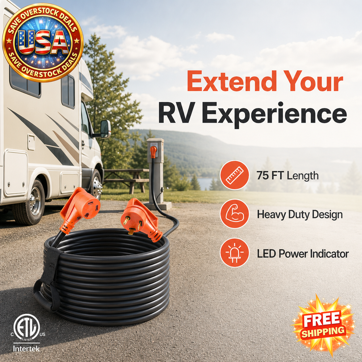 75 FT RV Extension Cord, 30 Amp, Heavy Duty with LED Indicator