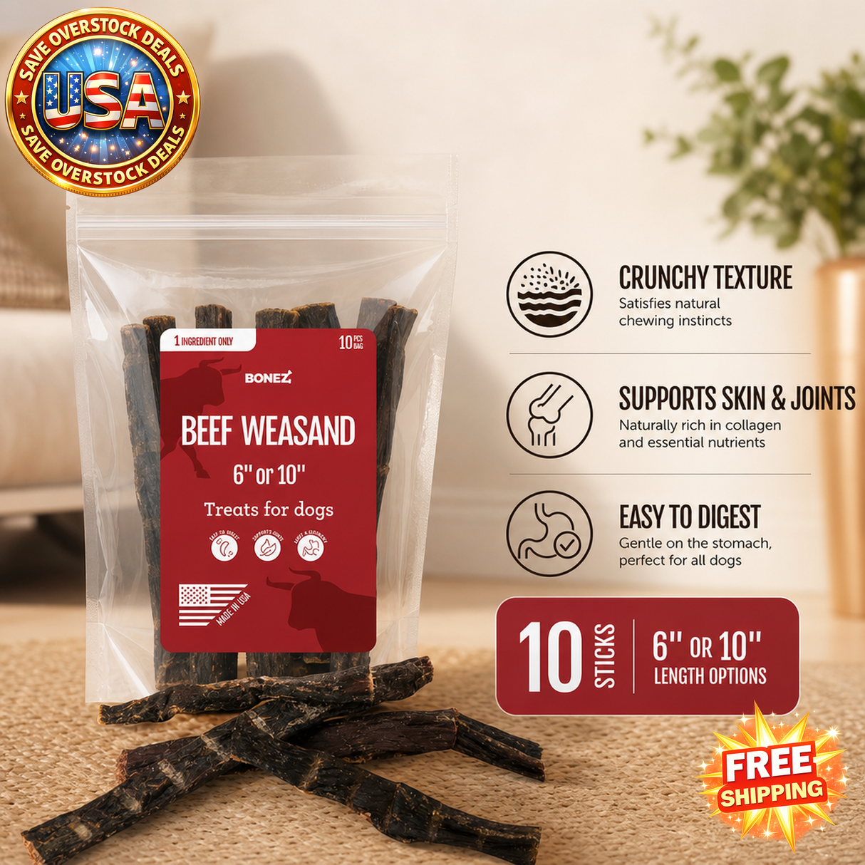 Bonez Beef Weasand Sticks, 10 Pack, 6 or 10 Inch