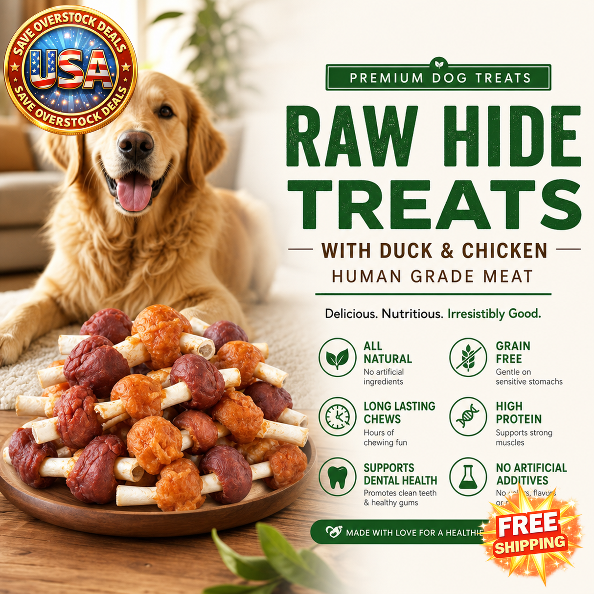 Dog Rawhide Treats with Duck and Chicken - Grain Free Chews