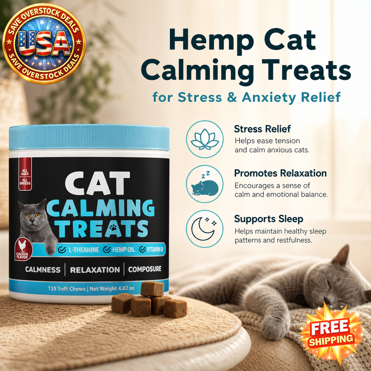 Hemp Cat Calming Treats for Stress Relief - 135 Soft Chews