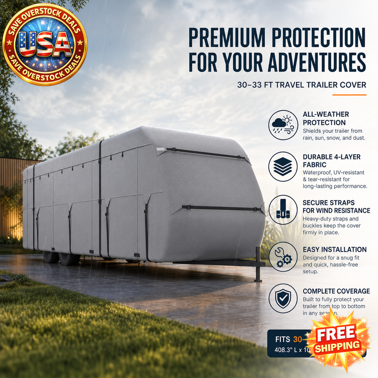 Travel Trailer Cover 30-33 ft Waterproof RV Protection