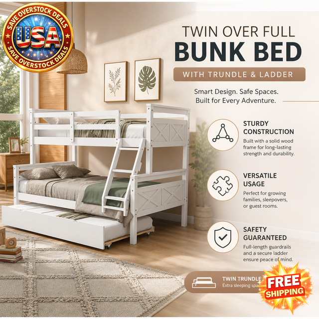 Twin over Full Bunk Bed with Trundle and Safety Guardrail