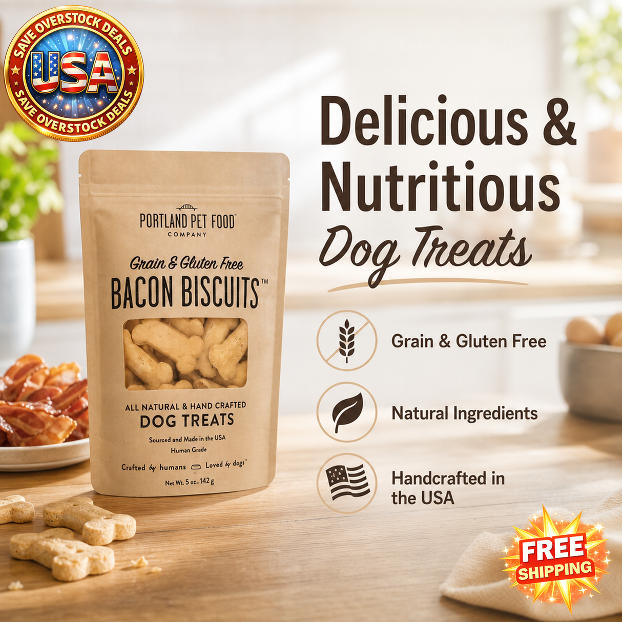 Portland Pet Food Dog Treats Bacon Biscuits Case of 6