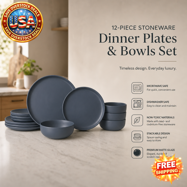 12-Piece Stoneware Dinner Plates and Bowls Set for 4