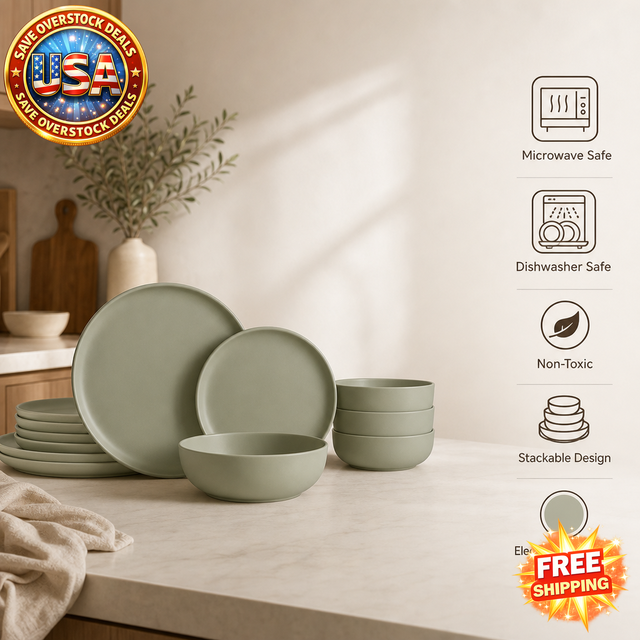 12-Piece Stoneware Dinner Plates and Bowls Set for 4