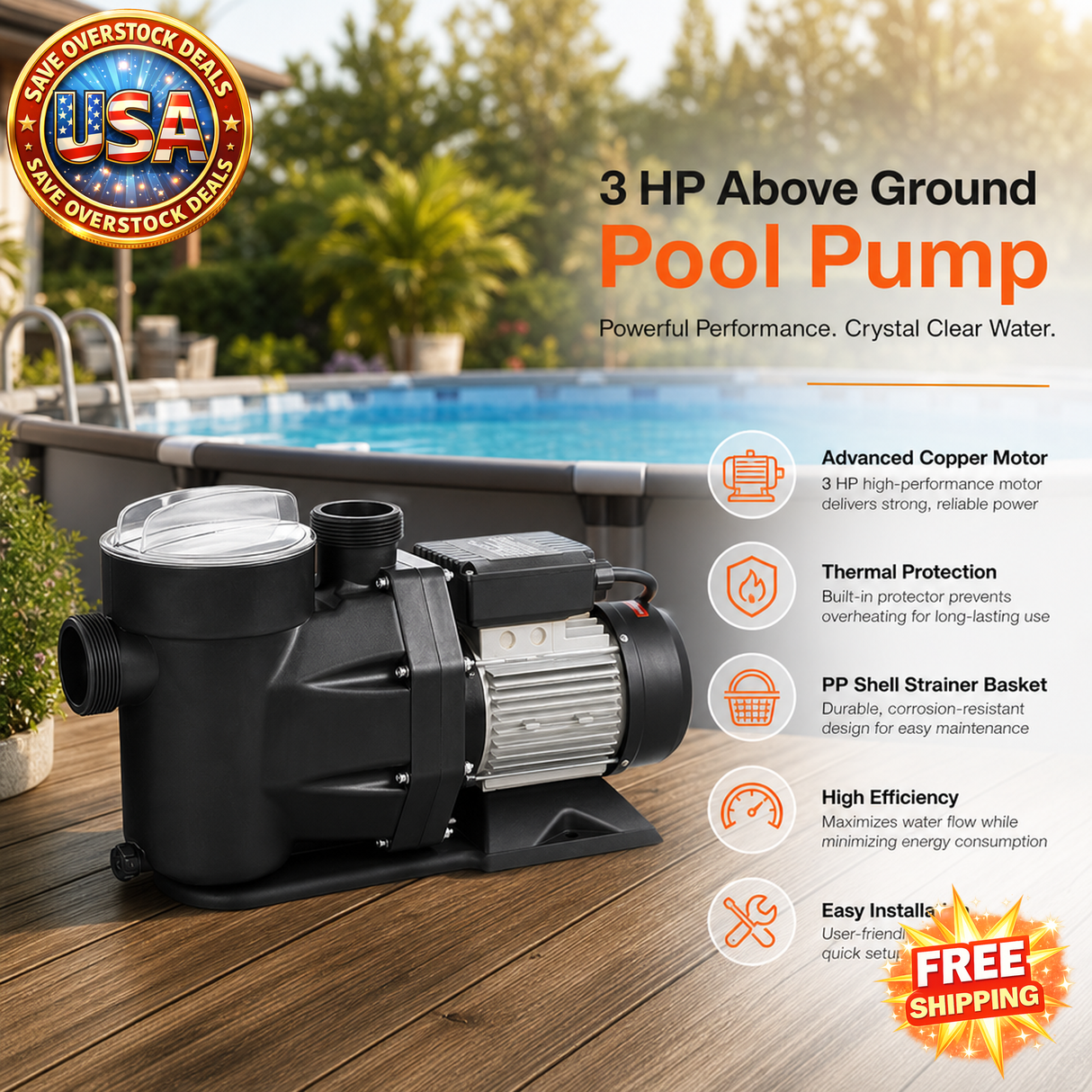 3 HP Above Ground Pool Pump with 149 GPM Max Flow Rate