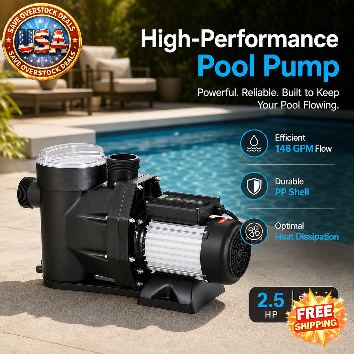 2.5 HP Above Ground Pool Pump with 148 GPM Max Flow Rate