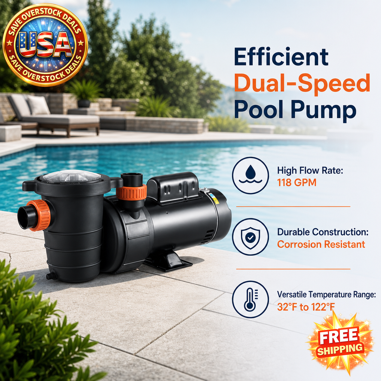 Dual Speed Above Ground Pool Pump, 2HP, 118 GPM, 110V
