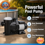 2 HP Above Ground Pool Pump with 135 GPM Max Flow Rate