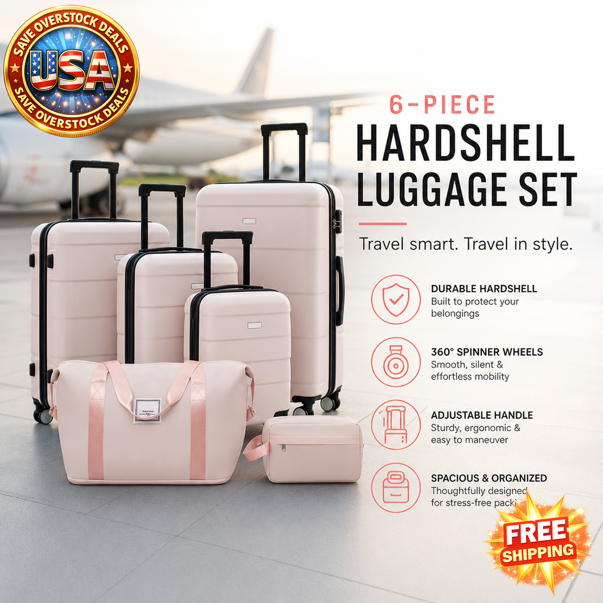Hardshell Luggage Set 6 Piece with Spinner Wheels and Lock