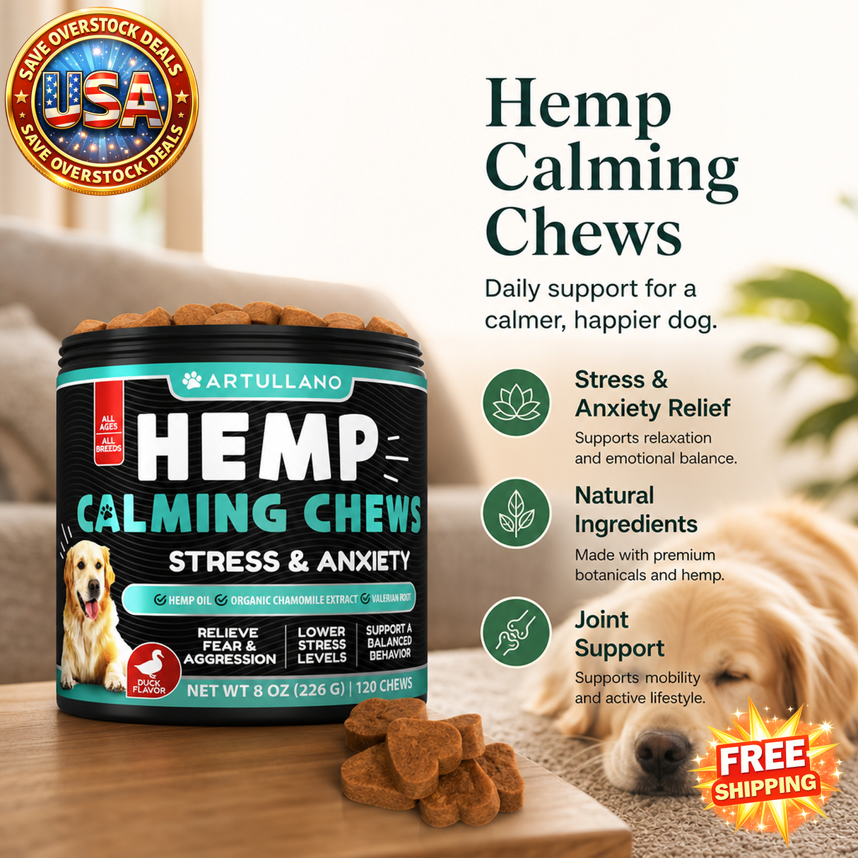 Hemp Calming Chews for Dogs with Turmeric and Valerian, 120 Treats