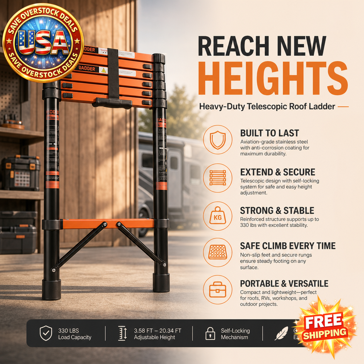 Telescopic Roof Ladder, Heavy-Duty Stainless Steel, 330 LBS