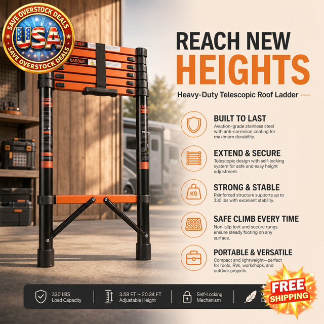 Telescopic Roof Ladder, Heavy-Duty Stainless Steel, 330 LBS