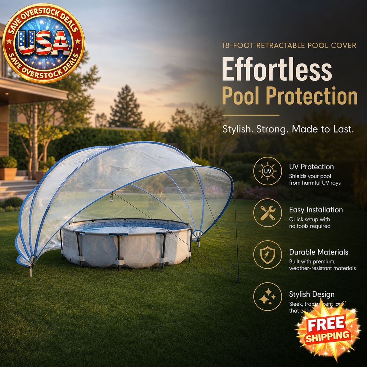 18-Foot Retractable Pool Cover with PVC Film Fiberglass Rod