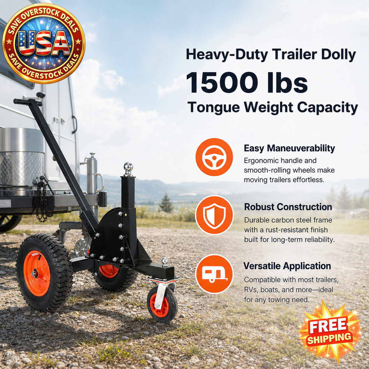 Heavy-Duty Trailer Dolly with 1500lbs Capacity and Pneumatic Tires
