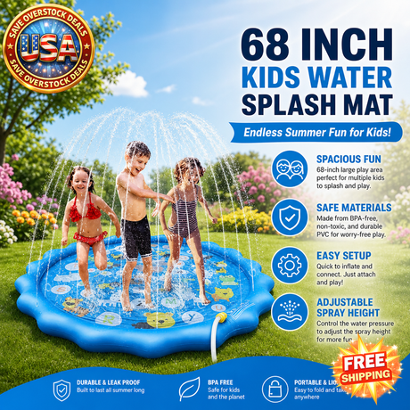 Sprinkler Splash Pad for Kids, 68IN Inflatable Water Mat