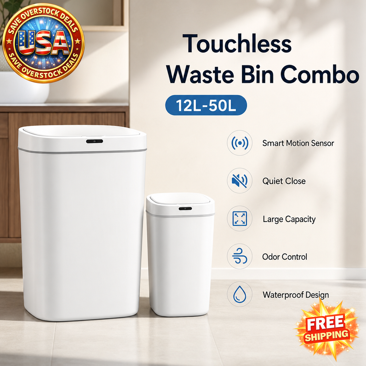 Automatic Touchless Sensor Trash Can Combo Set, 12L-50L