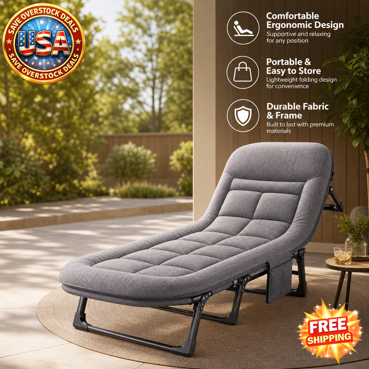 American Style Patio Folding Bed with Mattress, Portable Recliner