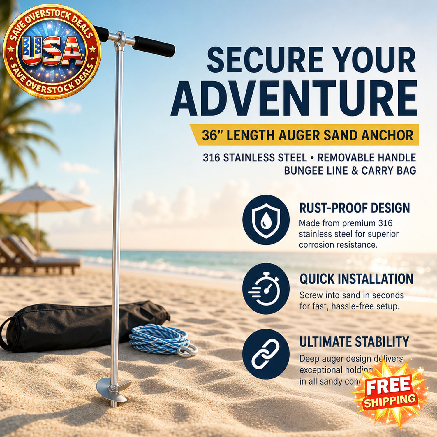 36" Stainless Steel Sand Anchor with Removable Handle & Carry Bag