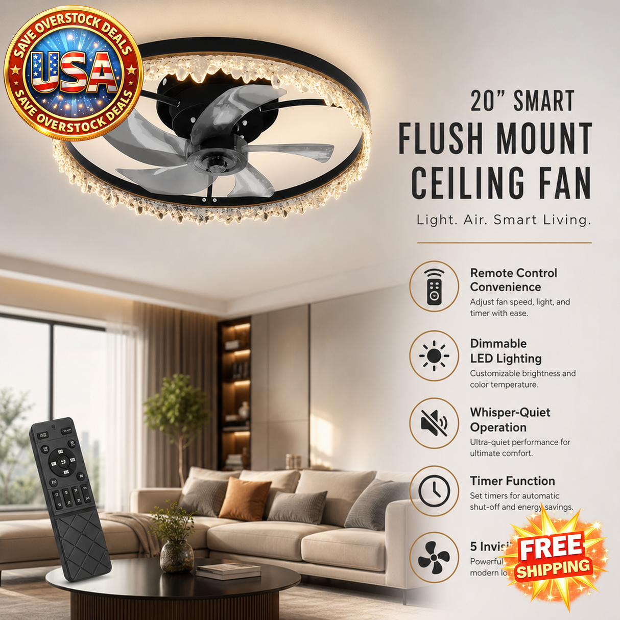 Smart Flush Mount Ceiling Fan with Light - 20-inch LED Chandelier