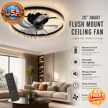 Smart Flush Mount Ceiling Fan with Light - 20-inch LED Chandelier