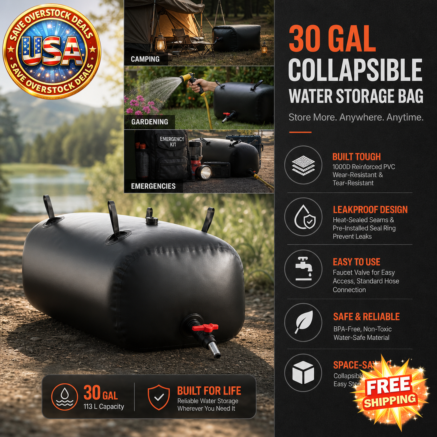 30 Gallon Collapsible Water Storage Bladder, Leakproof PVC