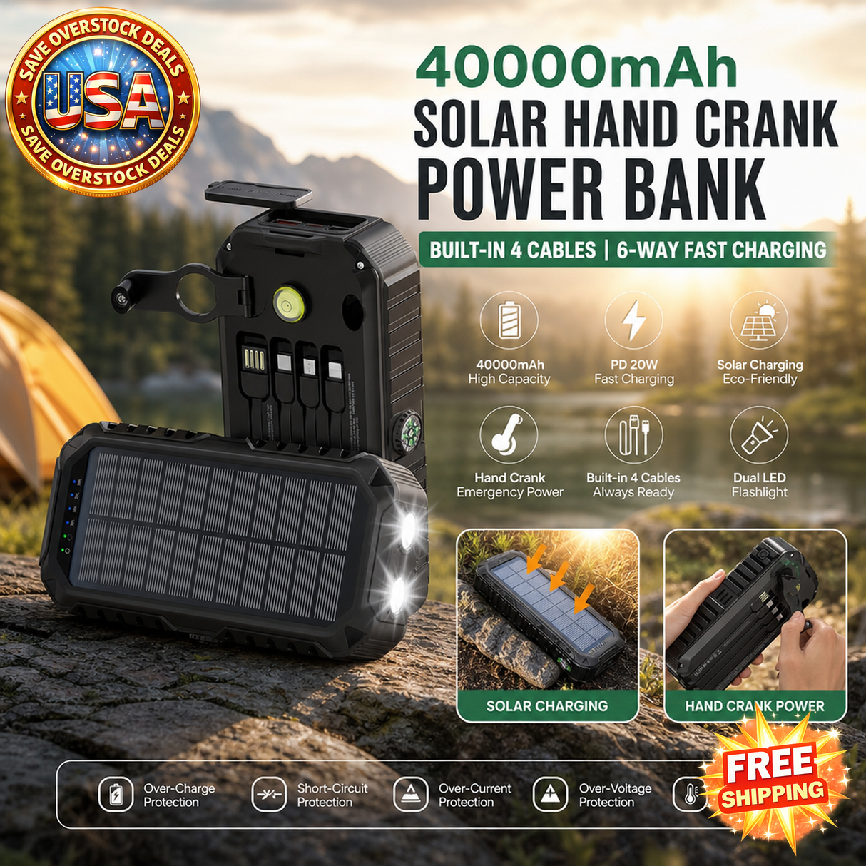 40000mAh Solar Hand Crank Power Bank with Flashlight