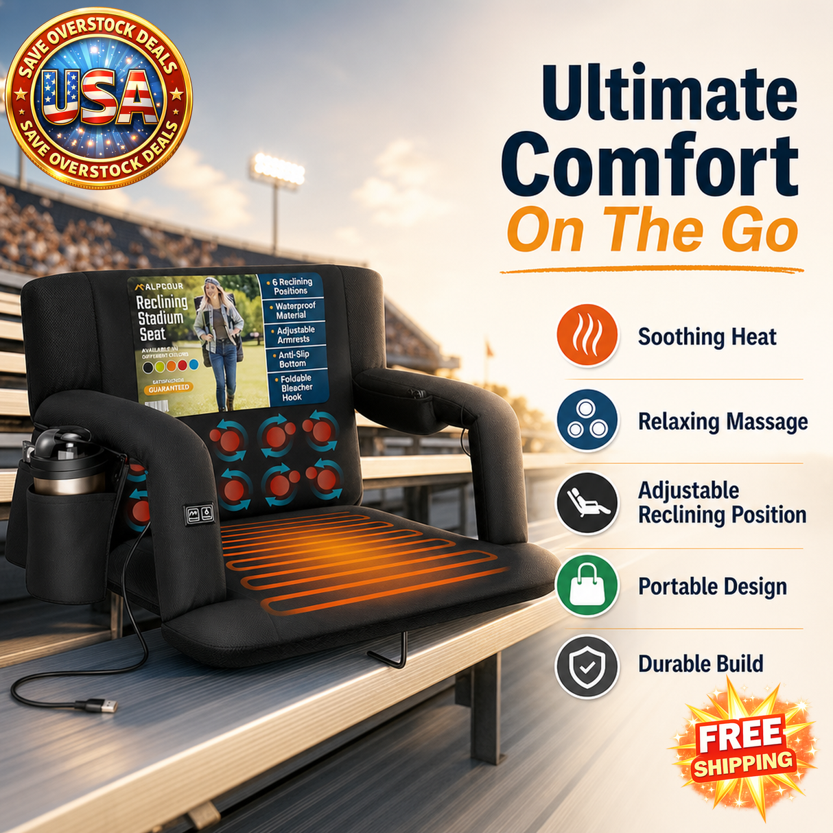 Alpcour Heated Massage Reclining Stadium Seat with Back Support