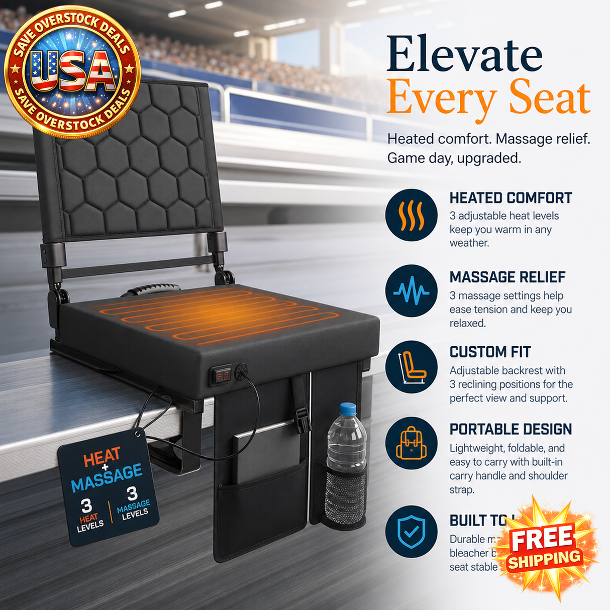 Alpcour Heated Massage Reclining Stadium Seat with Back Support