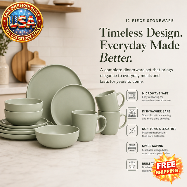 12-Piece Stoneware Dinnerware Set with Mugs, Microwave Safe
