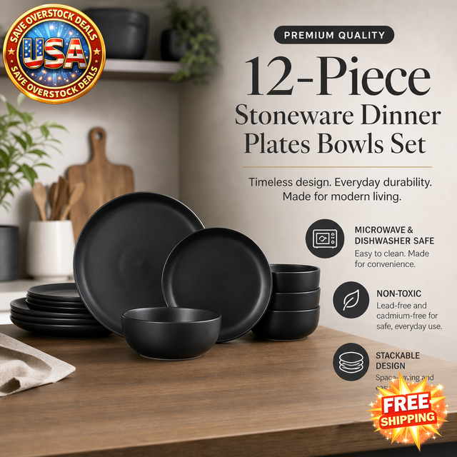12-Piece Stoneware Dinner Plates and Bowls Set for 4