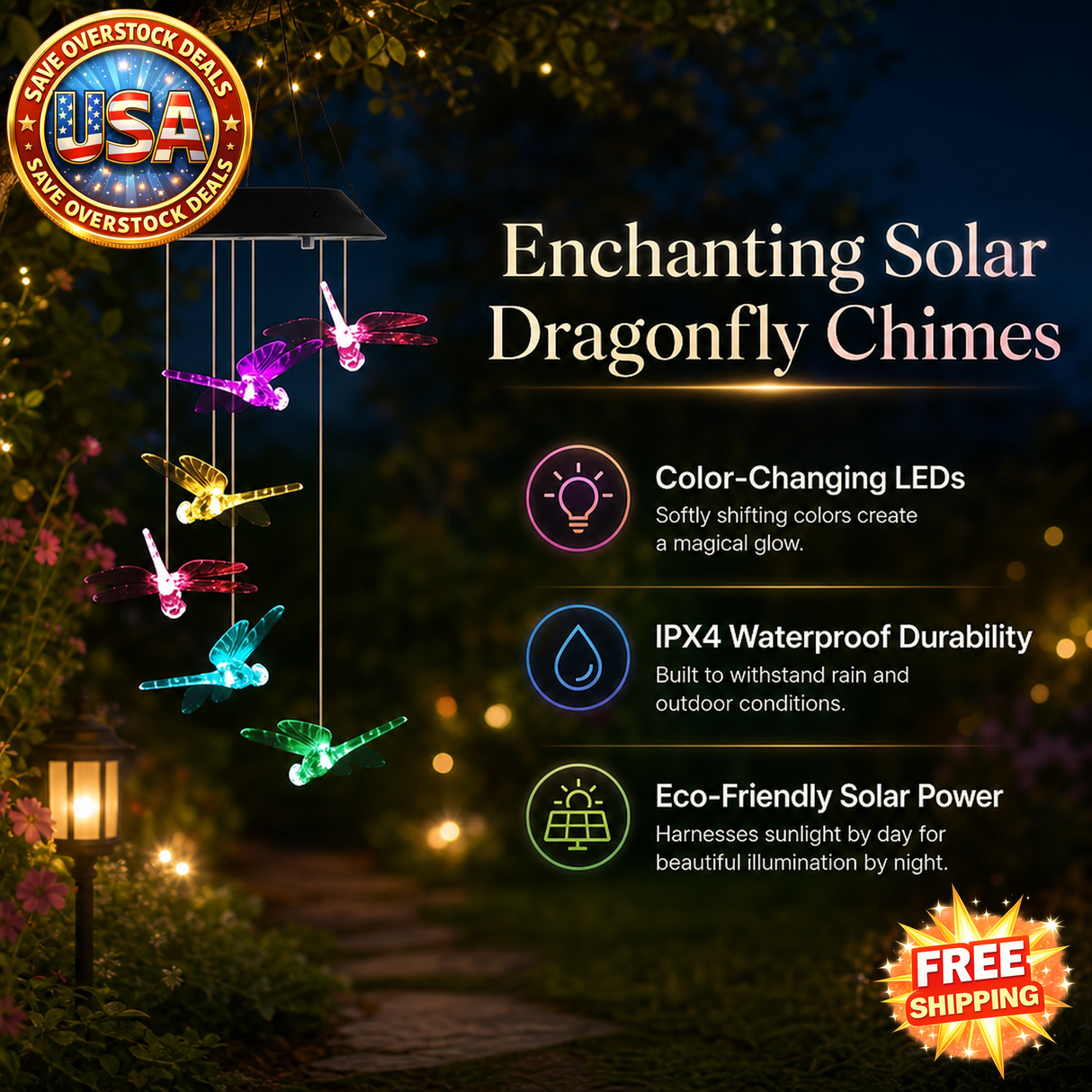 Solar Dragonfly Wind Chimes with Color Changing LED Lights