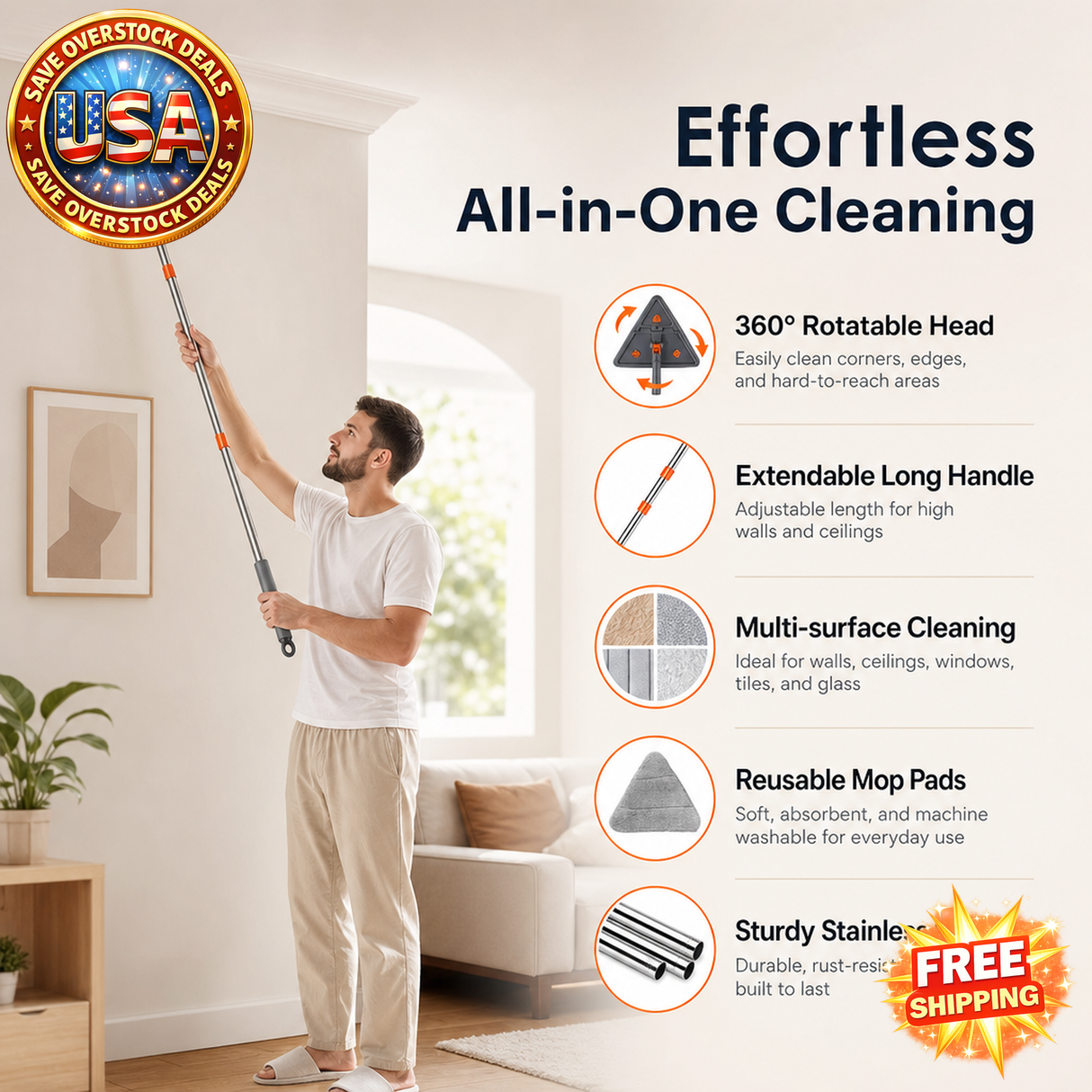 2 In 1 Baseboard Cleaner Mop with Extendable Handle and Pads