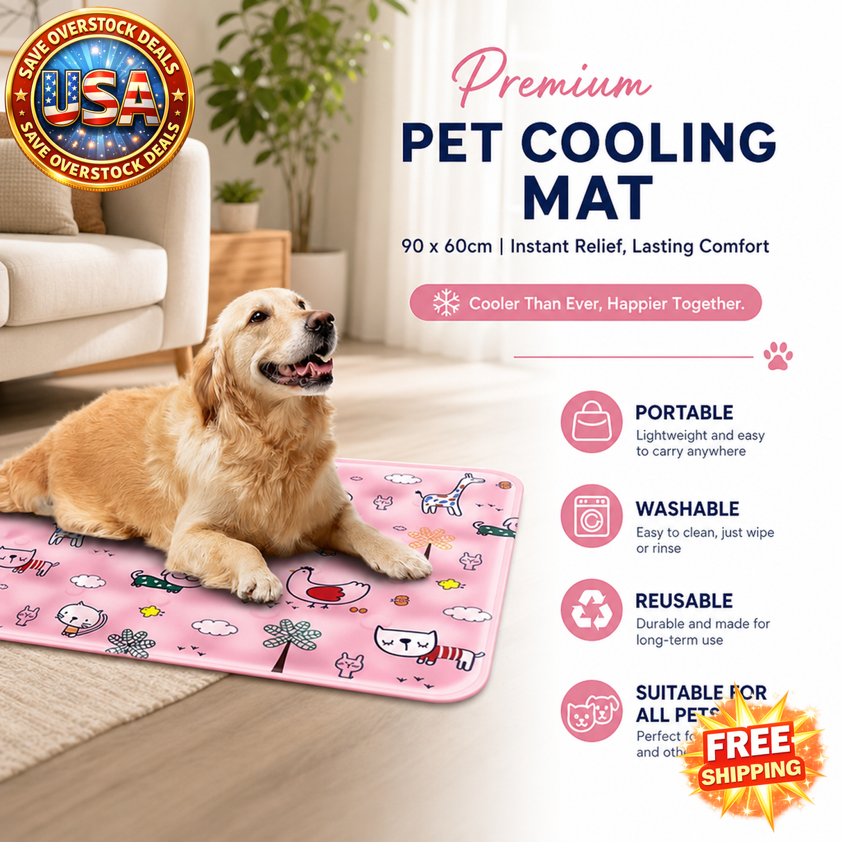 Portable Dog Cooling Mat 90x60cm for Pets, Washable Gel