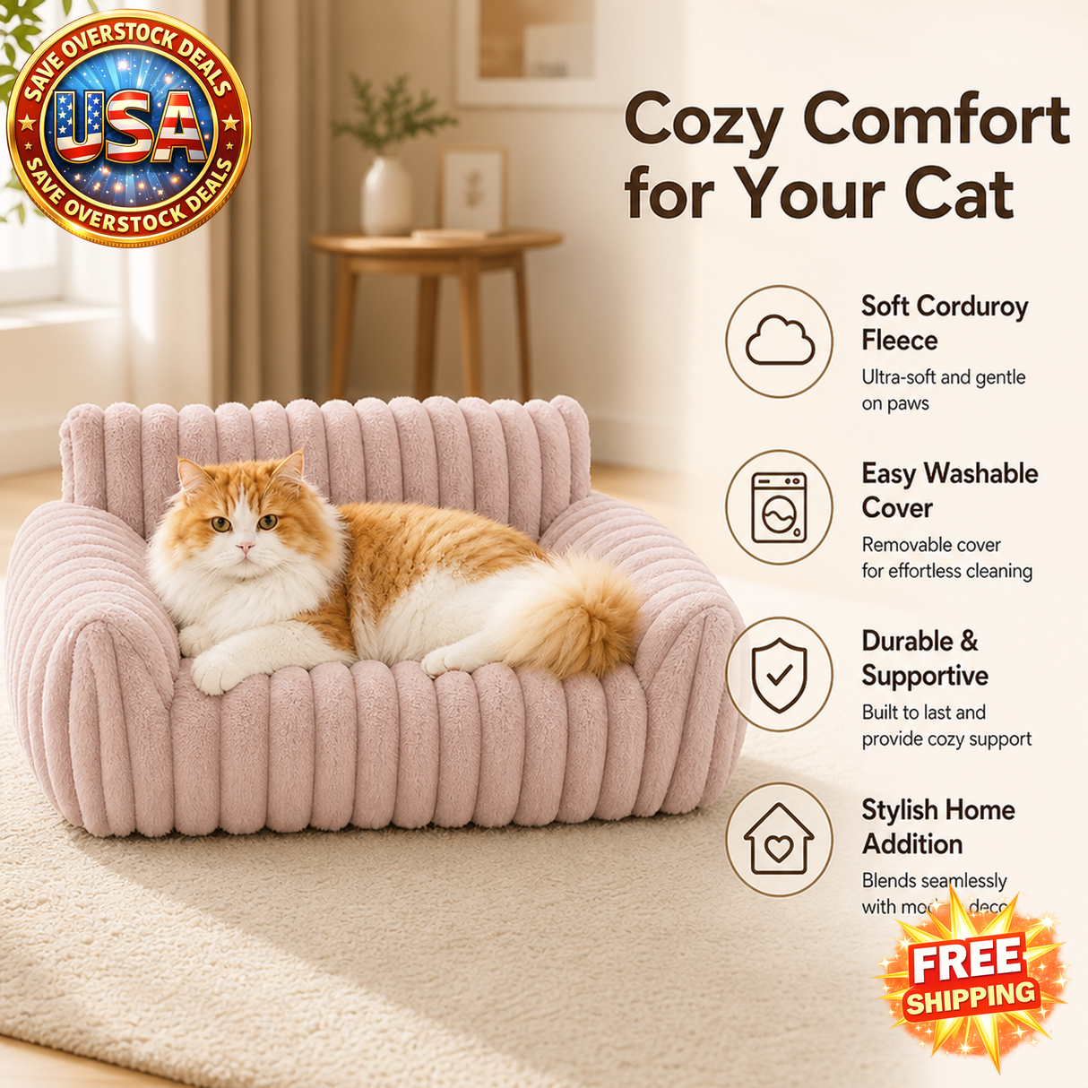 Cute Cat Couch for Pets - Fluffy Corduroy Fleece Bed