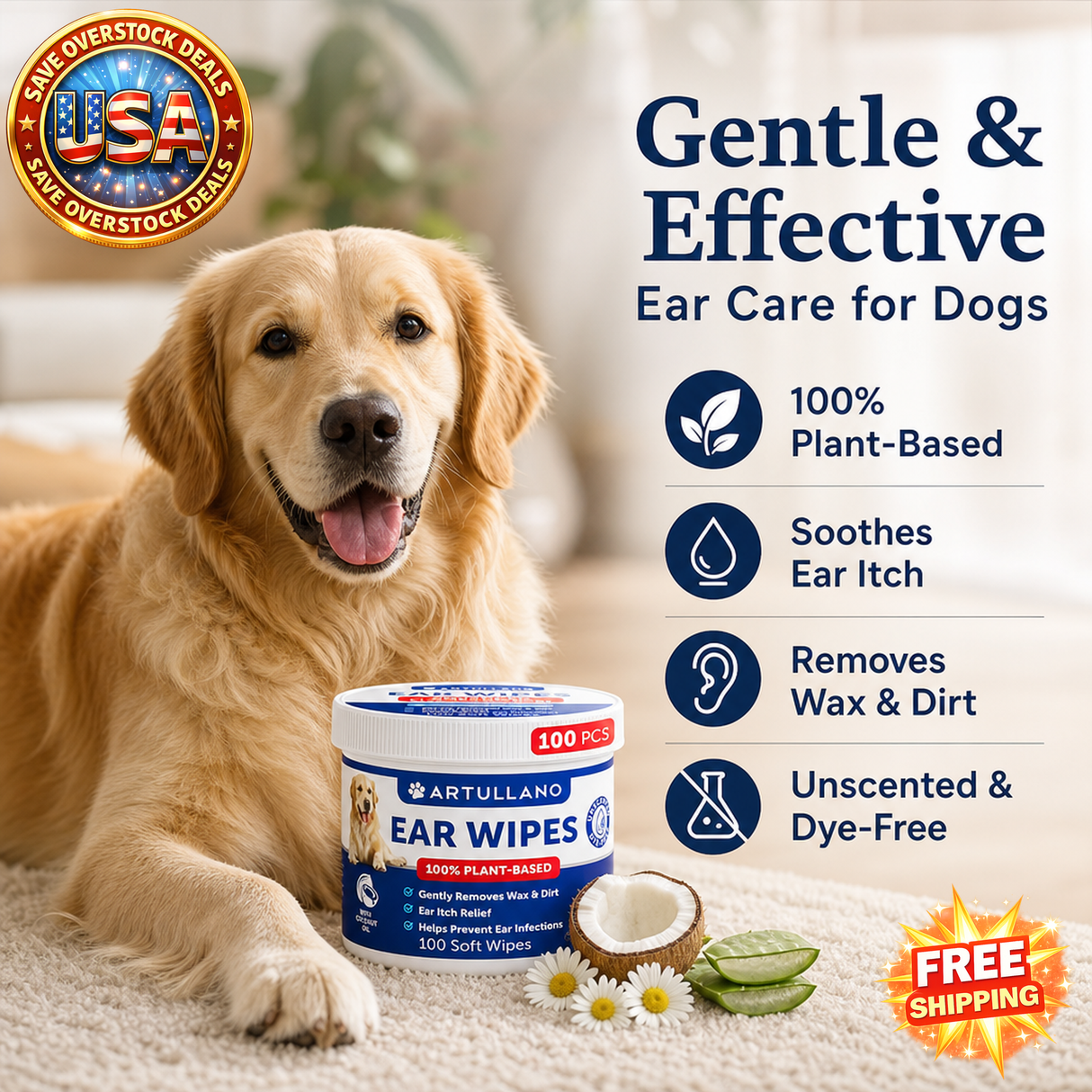 Dog Ear Wipes for Cleaning and Care, 100 Count, Plant-Based Formula