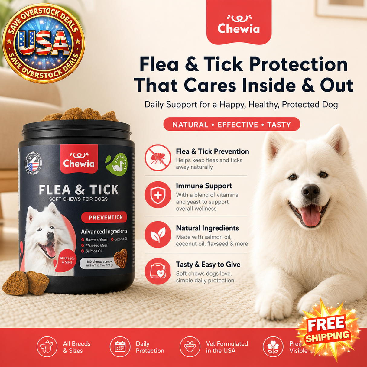 Dog Flea and Tick Treatment Chews for Dogs, Natural Ingredients