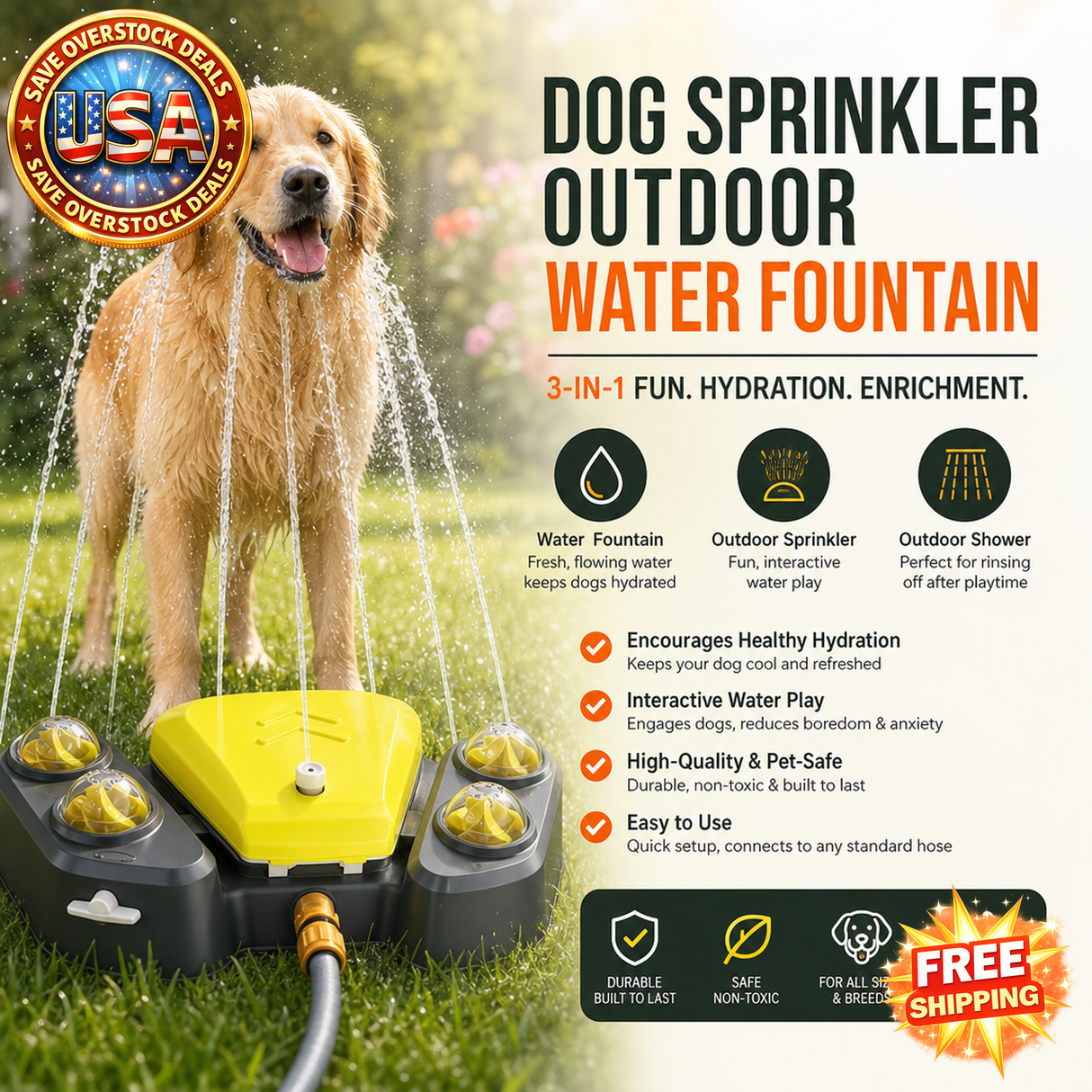 Dog Sprinkler Water Fountain for Outdoor Play, Easy to Use