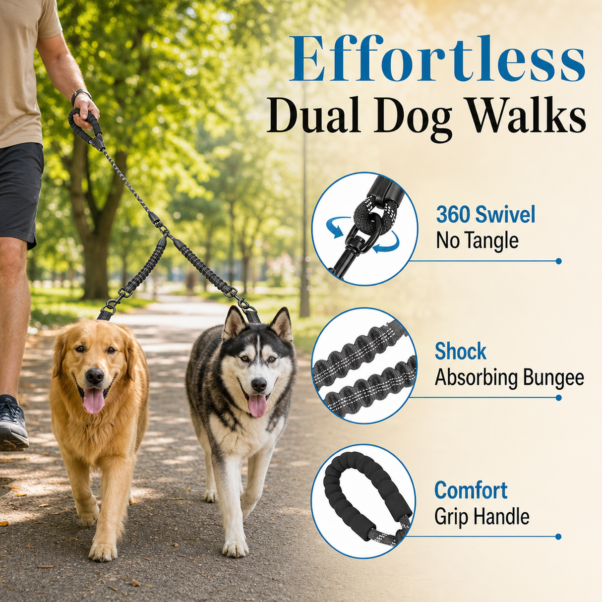 Dual Dog Leash with 360 Swivel and Shock Absorbing Bungee