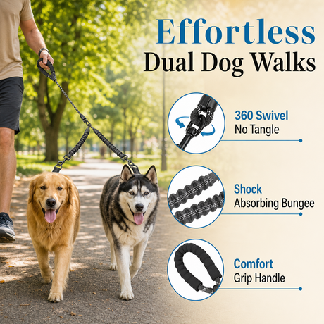 Dual Dog Leash with 360 Swivel and Shock Absorbing Bungee