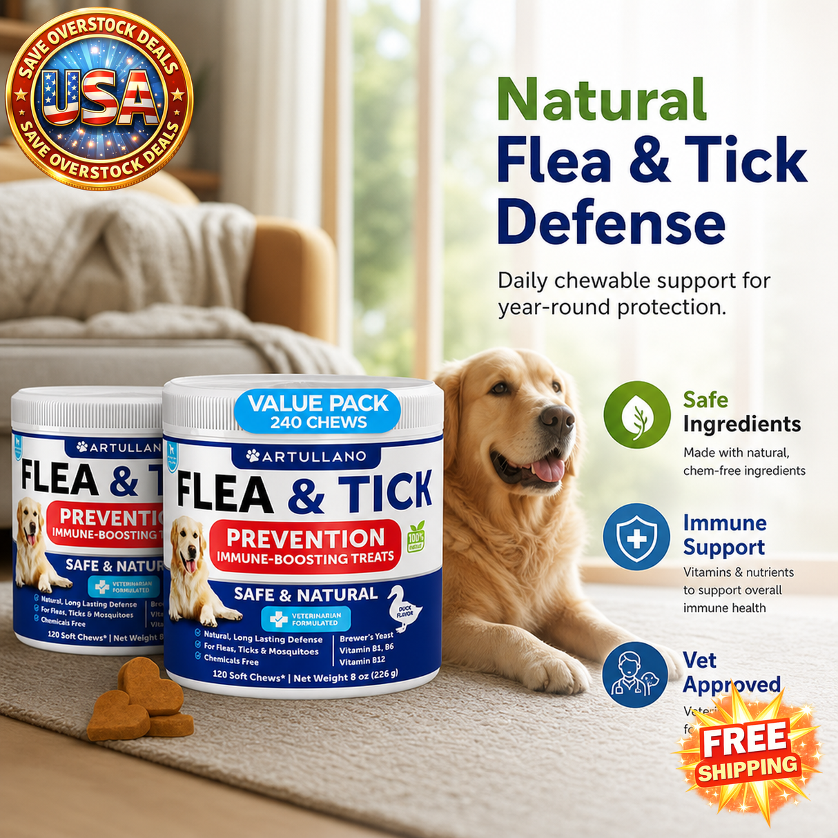 Flea and Tick Chewables for Dogs - Natural Supplement, 240 Count