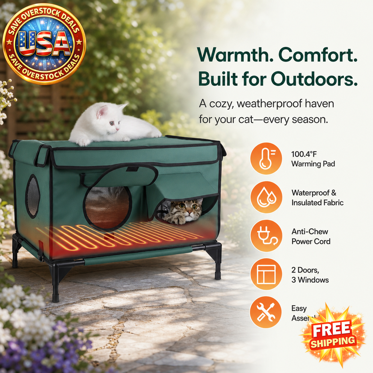 Waterproof Heated Cat House with Insulated Heating Pad