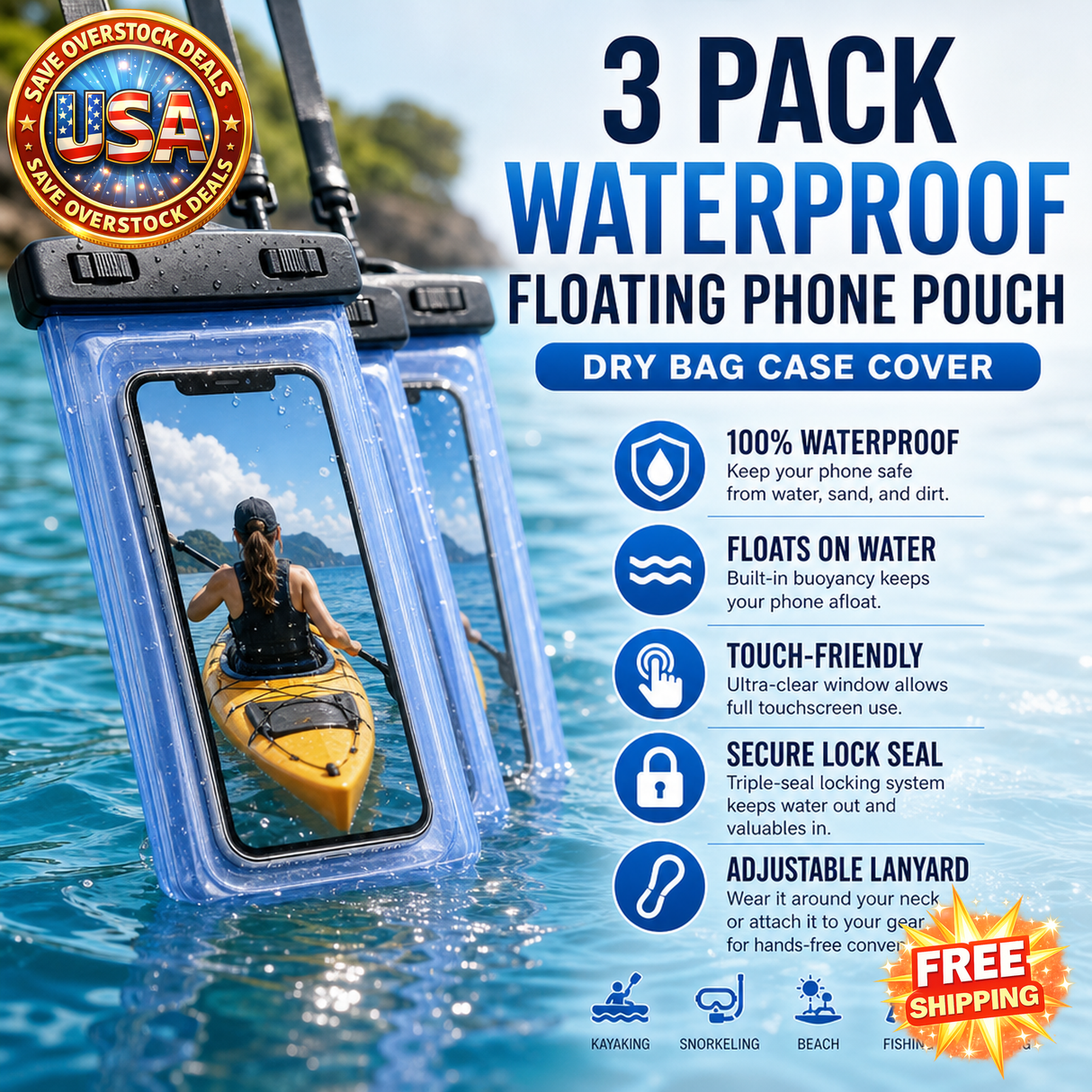 3 Pack Waterproof Floating Cell Phone Pouch Dry Bag Case
