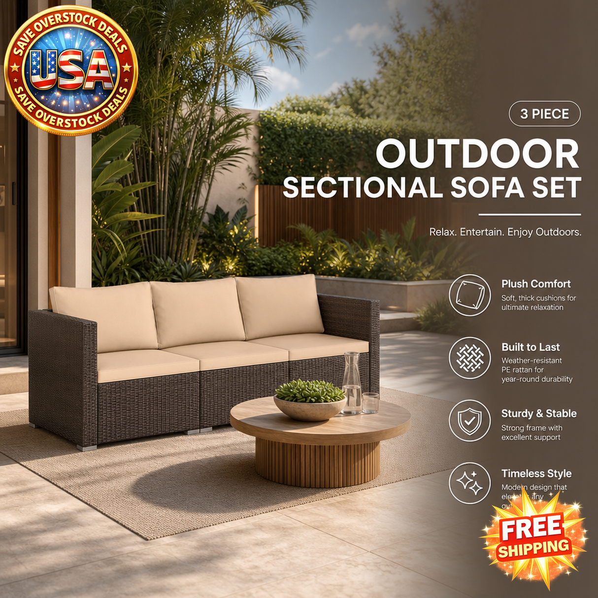 3 Pieces Outdoor Sectional Sofa Set with Soft Cushions