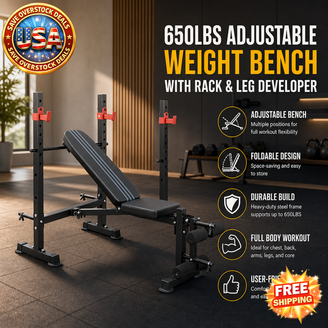 Adjustable Weight Bench with Rack & Leg Developer for Home Gym