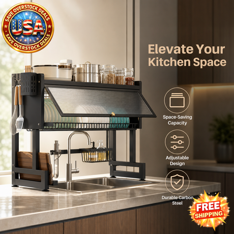 Over the Sink Dish Rack, Adjustable Carbon Steel Kitchen Rack