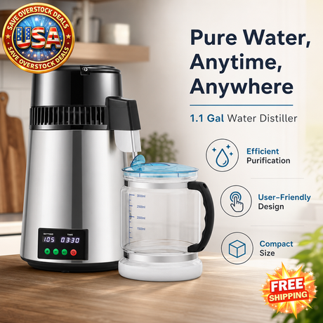 1.1 Gal Water Distiller with Glass Carafe and Timer, 750W