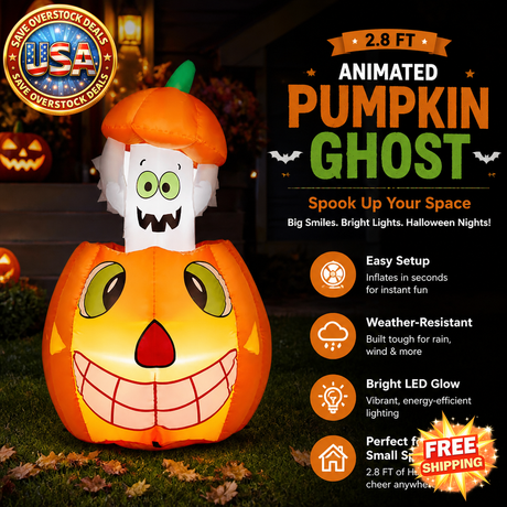 2.8 FT Inflatable Animated Pumpkin Ghost with LED Lights