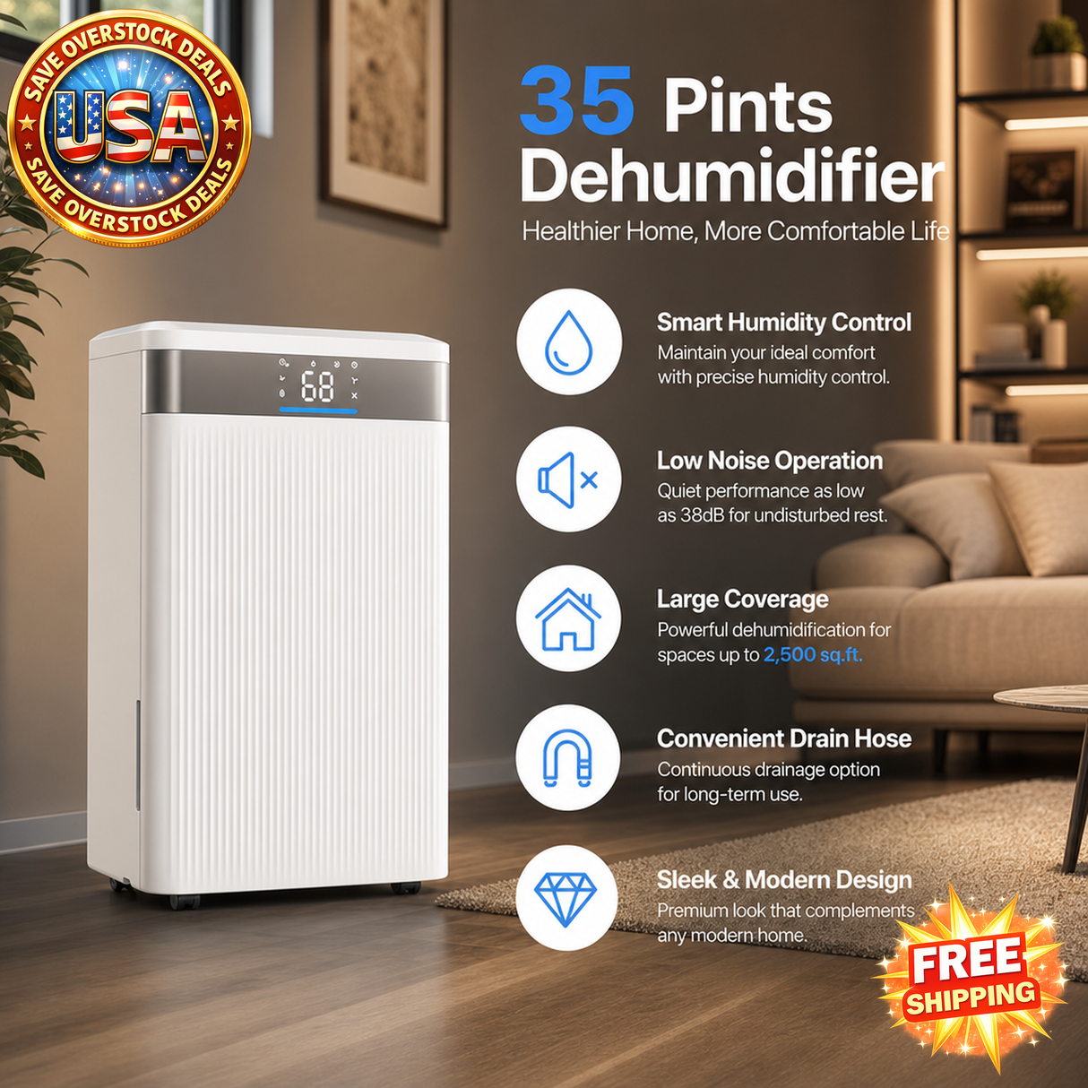 35 Pints Dehumidifier for Home and Basement, Smart Control