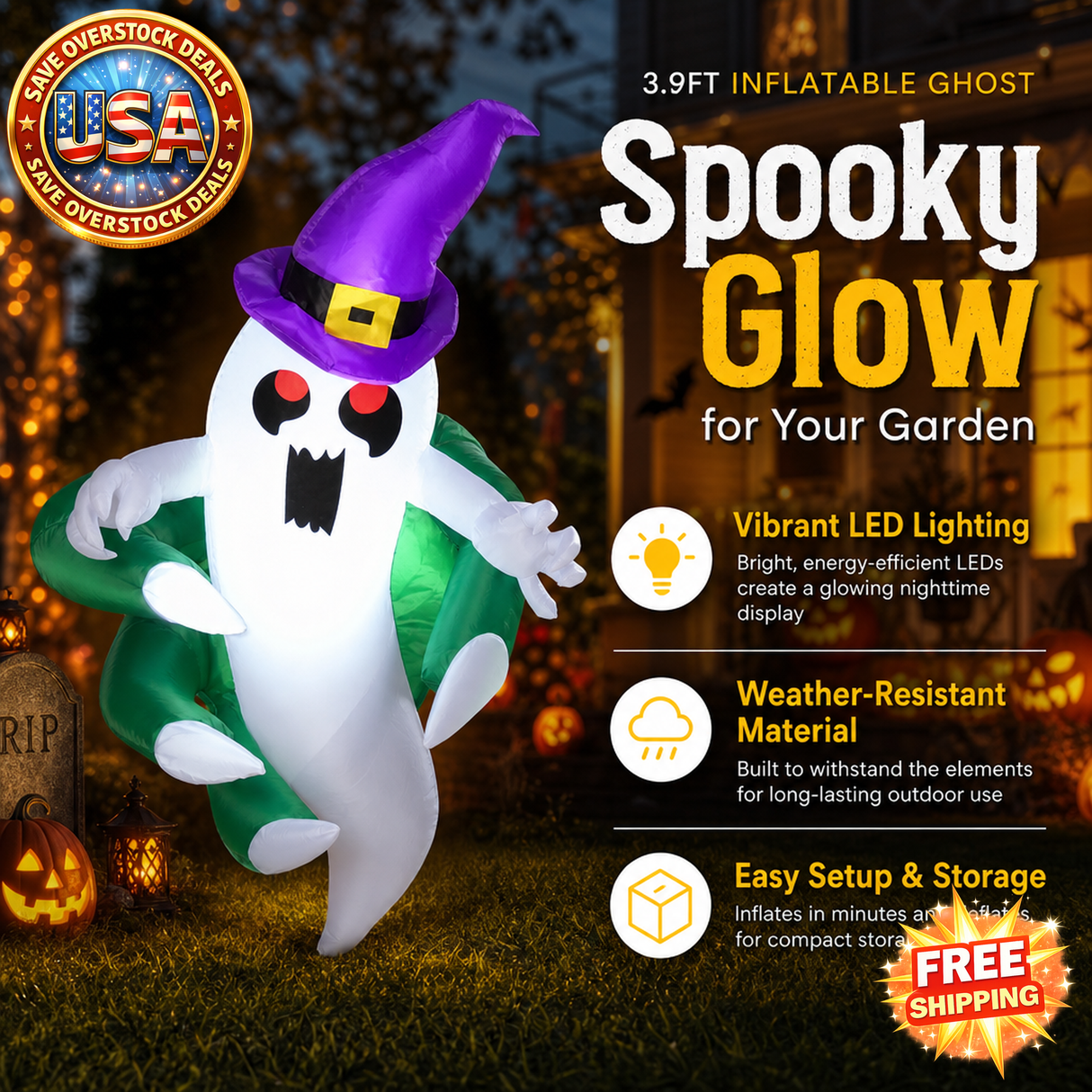 3.9ft Inflatable Halloween Ghost Window Sticker with LED